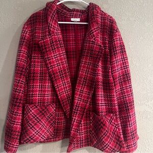 J. Jill Red , Pink and Black Plaid Tweed Blazer 2X Open Front Blazer Nice
